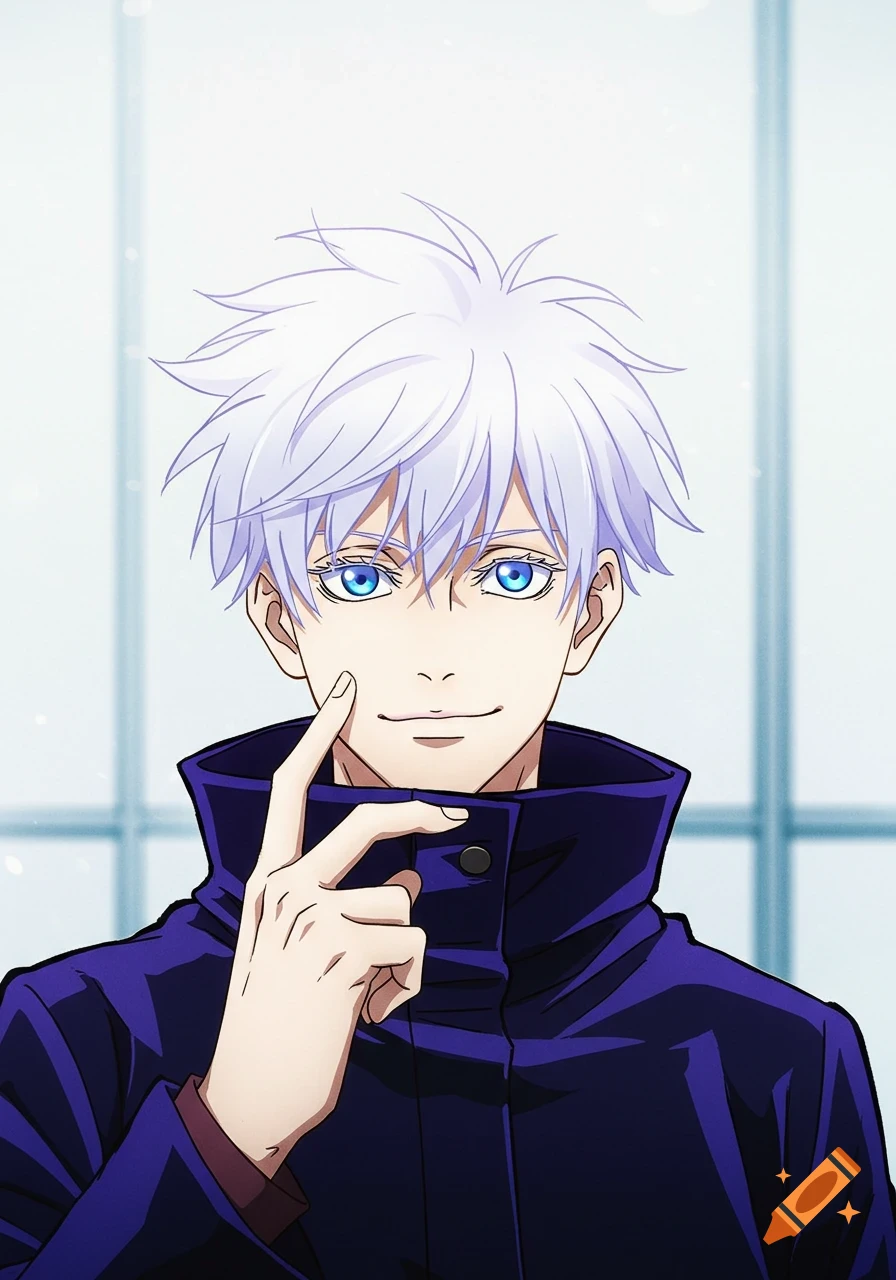 Anime portrait of Satoru Gojo from Jujutsu Kaisen smiling.