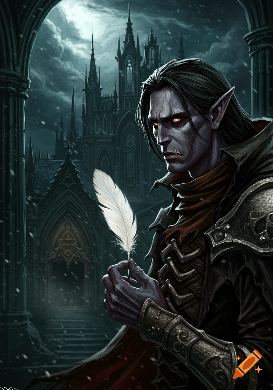 A dark fantasy illustration of a vampire-like figure with red eyes holding a white feather before a gothic cathedral.