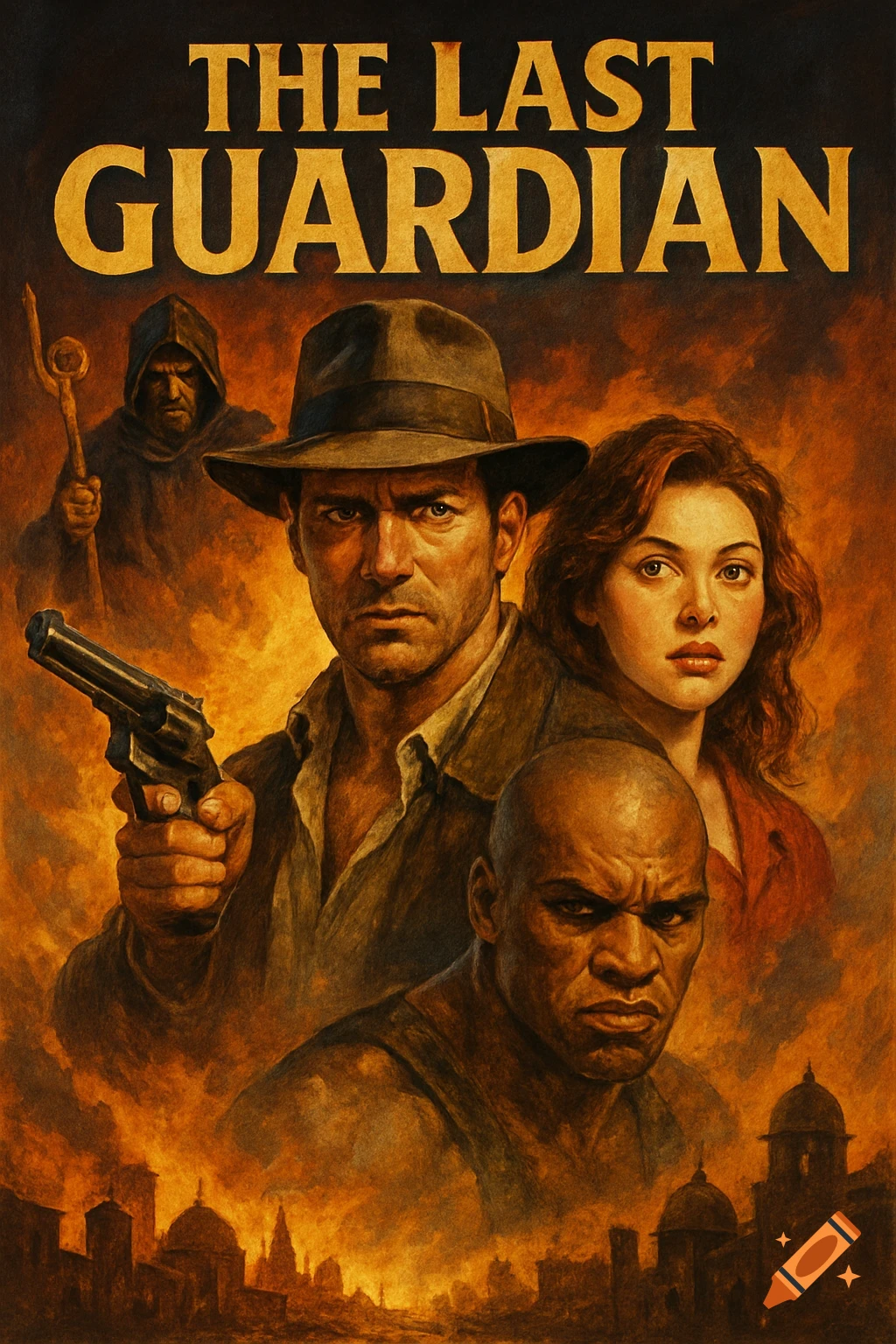 Dramatic movie poster for 'The Last Guardian' featuring characters and a fiery background.