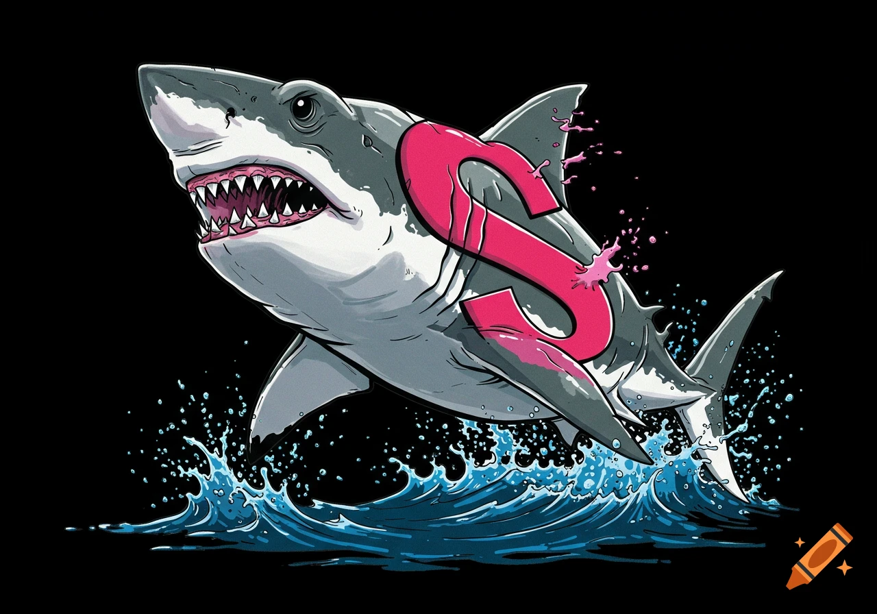 Cartoon illustration of a shark jumping out of water with a large pink S on its side.