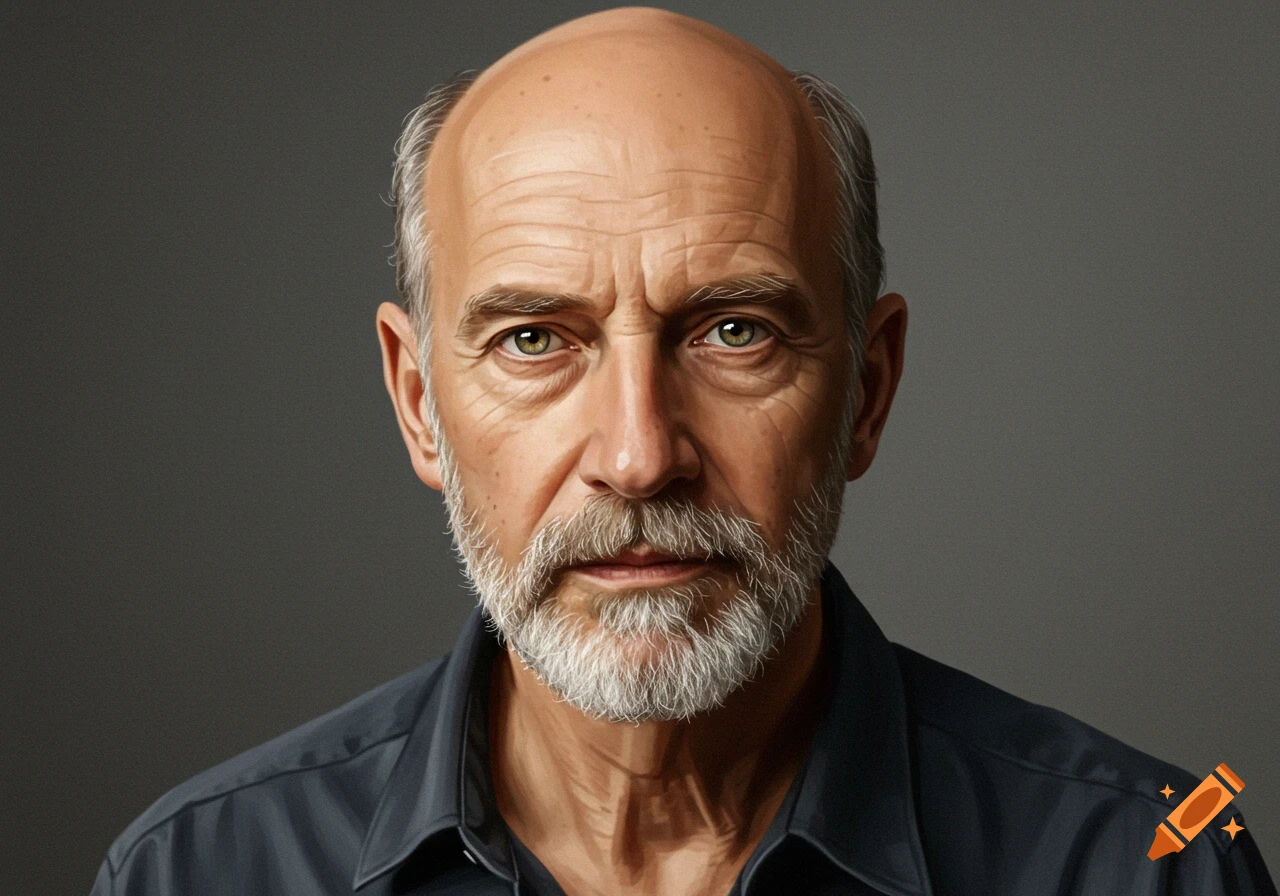 Close-up illustration of an older man with a bald head and gray goatee.