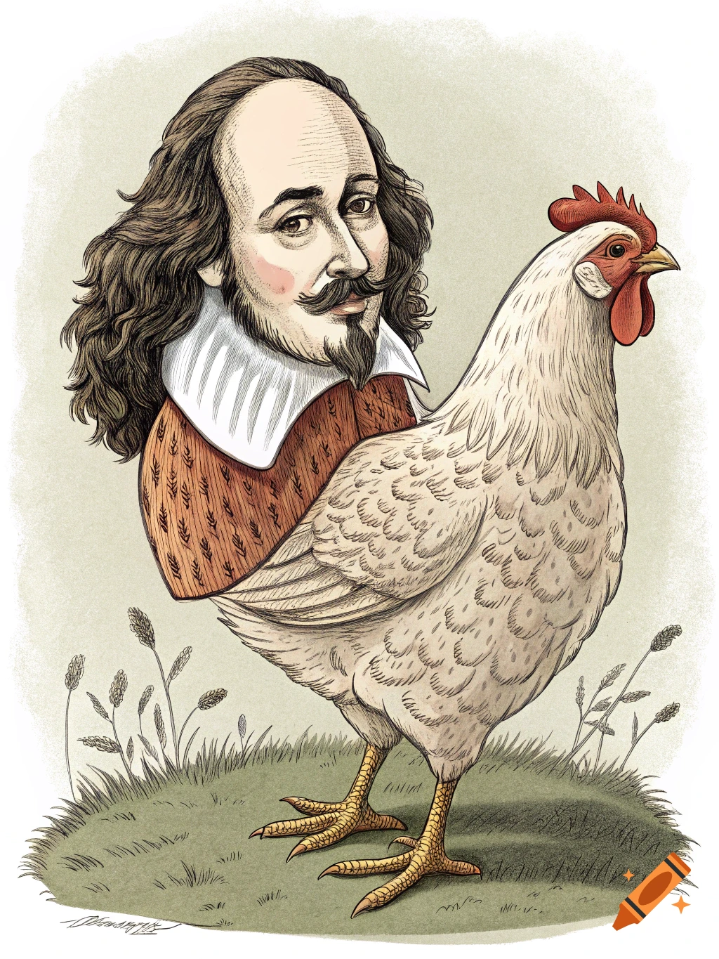 Illustration of William Shakespeare's head on a chicken's body standing in grass.