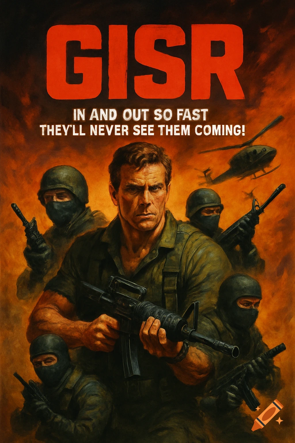Action movie poster for 'GISR' with a soldier holding a rifle, flanked by masked soldiers, and helicopters in the background. 1980s style.
