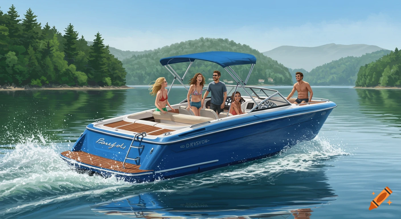 A blue motorboat with cheerful friends on a lake surrounded by green trees and mountains.