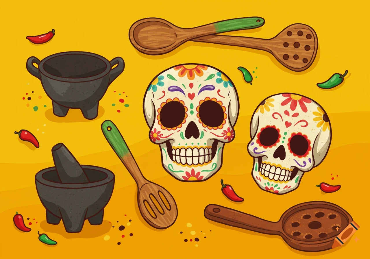 Cartoon illustration of two decorated Day of the Dead skulls, molcajetes, spoons, and peppers on a yellow background.