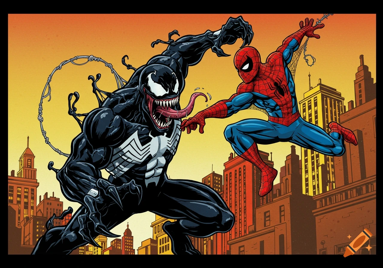 Venom and Spider-Man fight in a city skyline, vintage comic style.