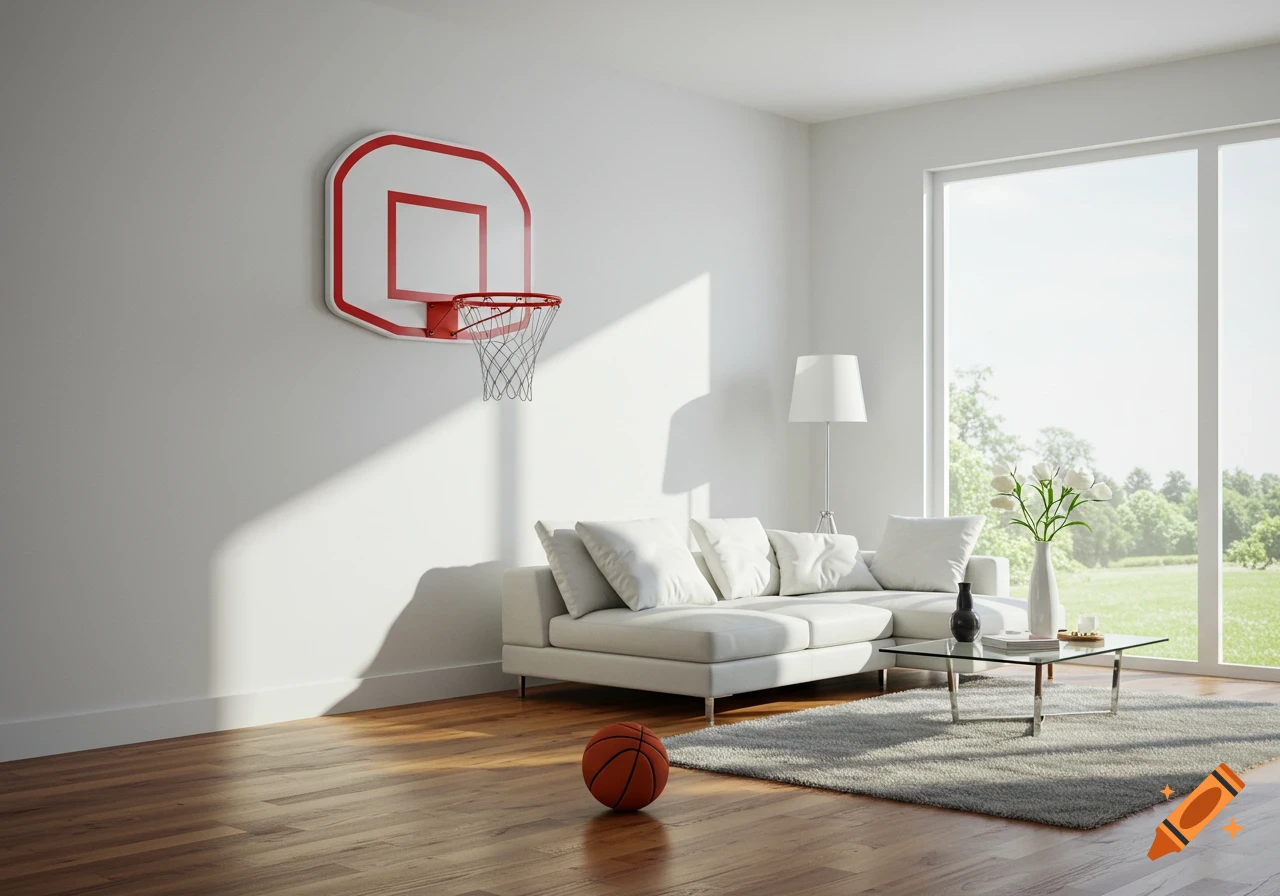 A modern living room with a basketball hoop mounted on the wall, a white couch, glass coffee table, and large window.
