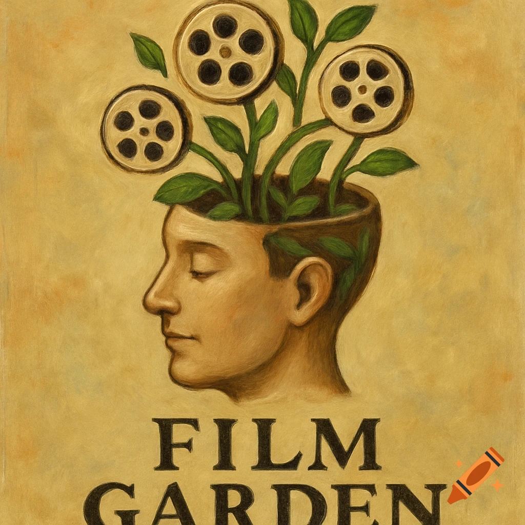 Illustration of film reels growing like plants from a person's head, with the text 'FILM GARDEN' below.