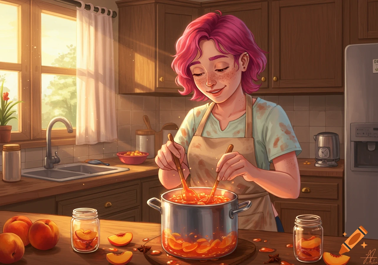 A woman with pink hair cooks peach jam in a sunlit kitchen, digital illustration.