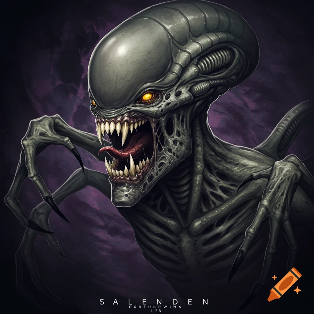 A detailed portrait of a scary alien creature with sharp teeth and claws.