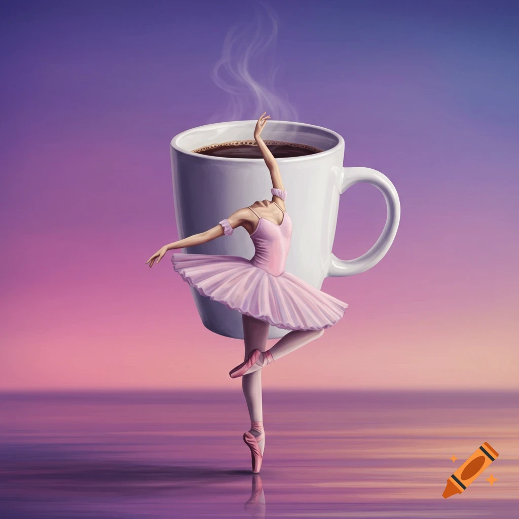 Surreal image of a ballerina with a coffee mug for a head, dancing on a reflective surface against a purple-pink gradient.