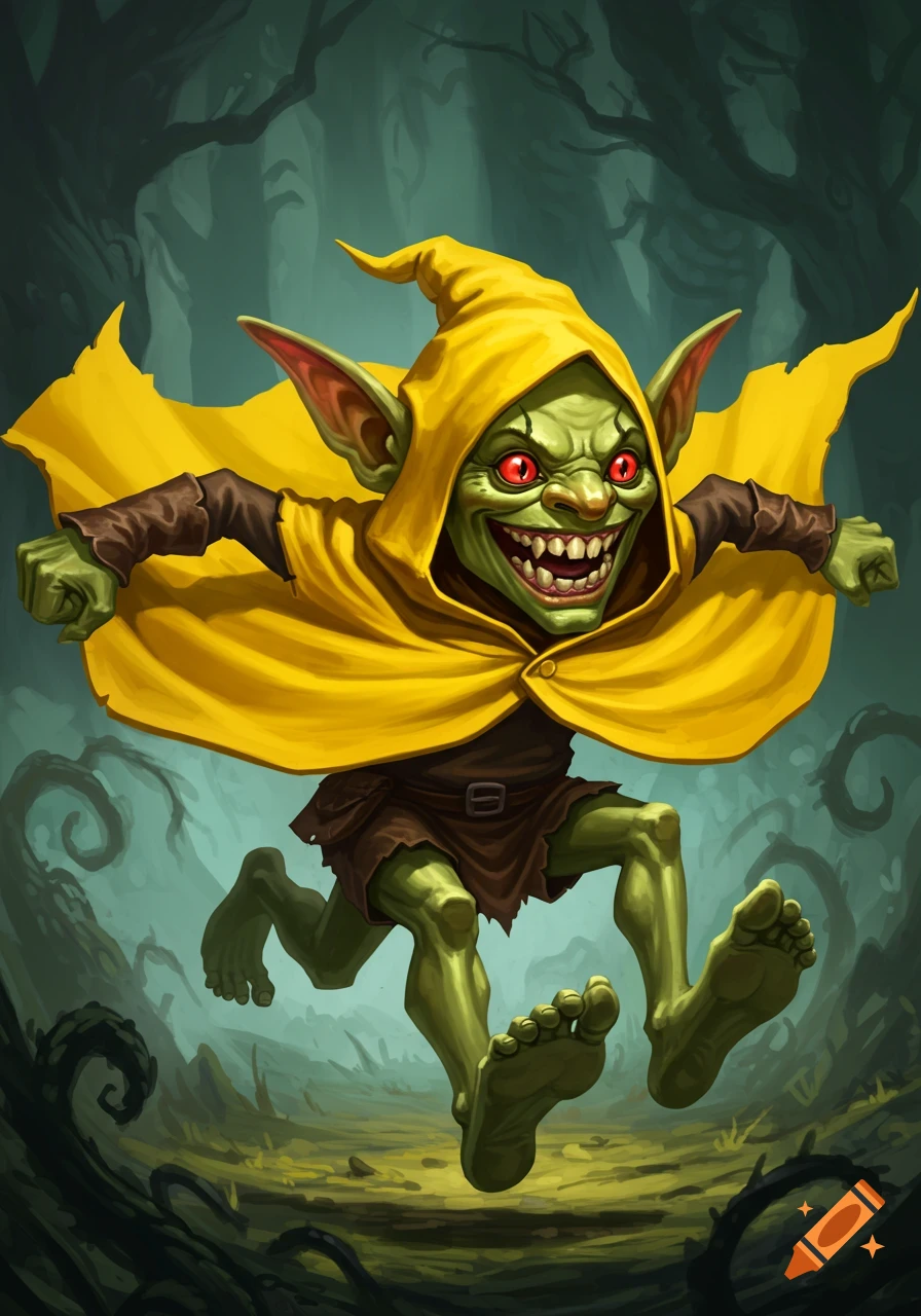 A cartoonish green goblin in a yellow cloak runs with feet attached where its hands should be, in a dark forest.