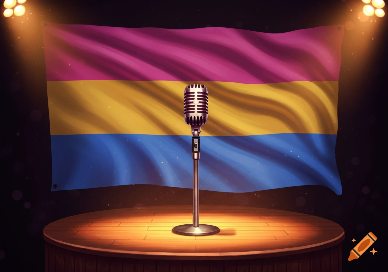 A pansexual flag hangs behind a microphone on a wooden stage under spotlights.