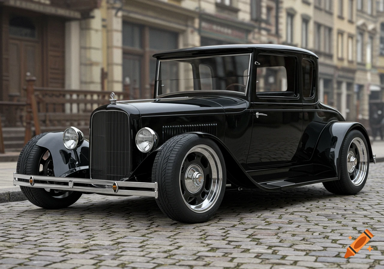 Black classic coupe hot rod car parked on a cobblestone street.