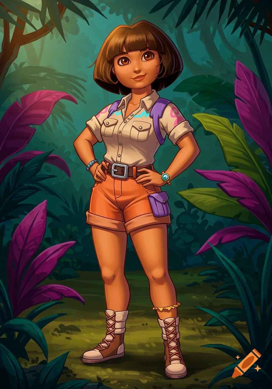 Illustration of a 25-year-old Dora the Explorer in explorer gear standing in a jungle.