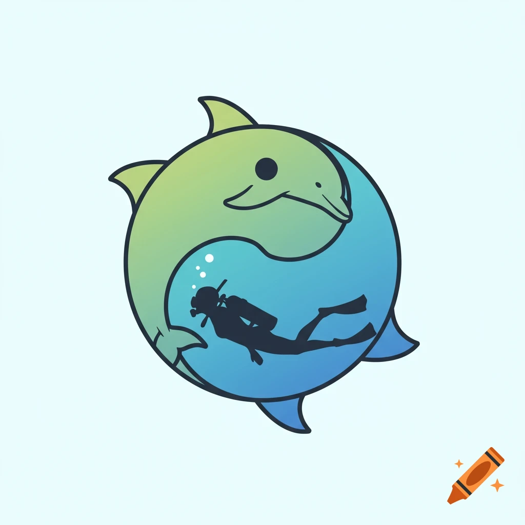 Stylized illustration of a dolphin and a scuba diver silhouette forming a Yin Yang symbol.