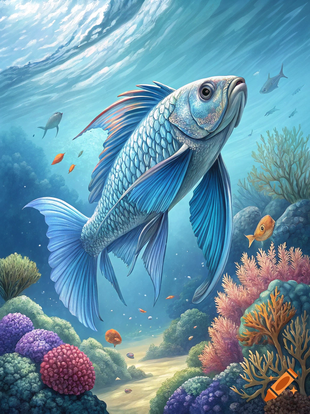 A large blue fish swims in a vibrant coral reef underwater.