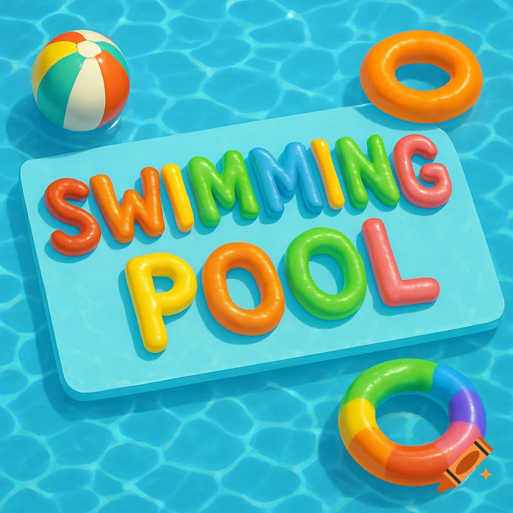 3D letters spelling SWIMMING POOL float on a blue mat in a pool with a beach ball and inner tubes.