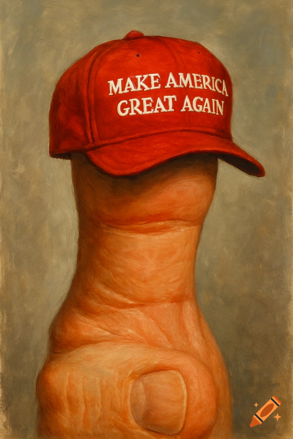 Painting of a thumb wearing a red hat with 'MAKE AMERICA GREAT AGAIN' text.