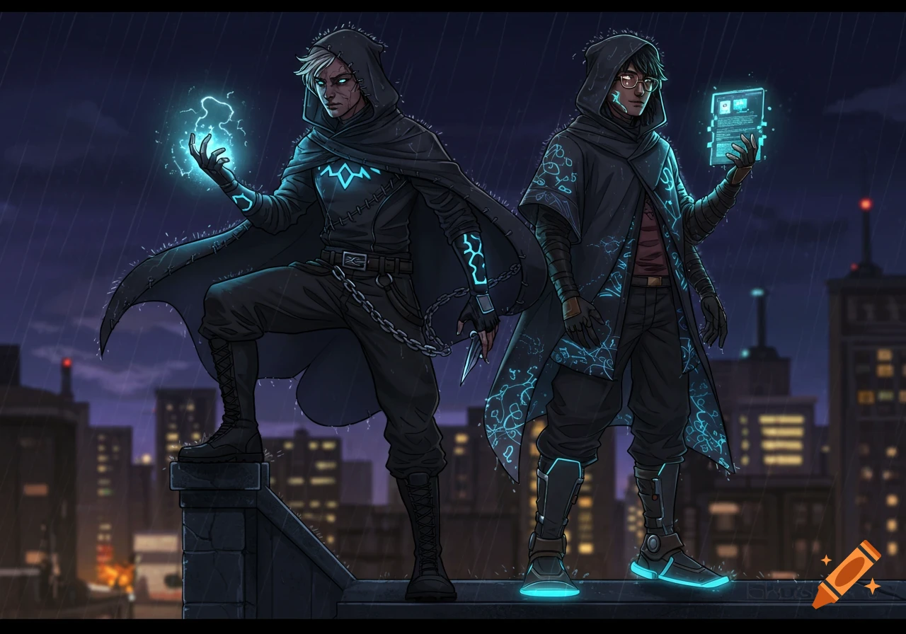 Two hooded figures stand on a rainy rooftop at night. One controls lightning, the other holds a glowing data screen. Illustration.