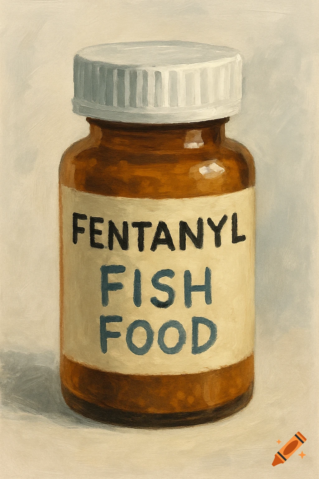 Painting of a brown bottle with a label reading 'FENTANYL FISH FOOD'
