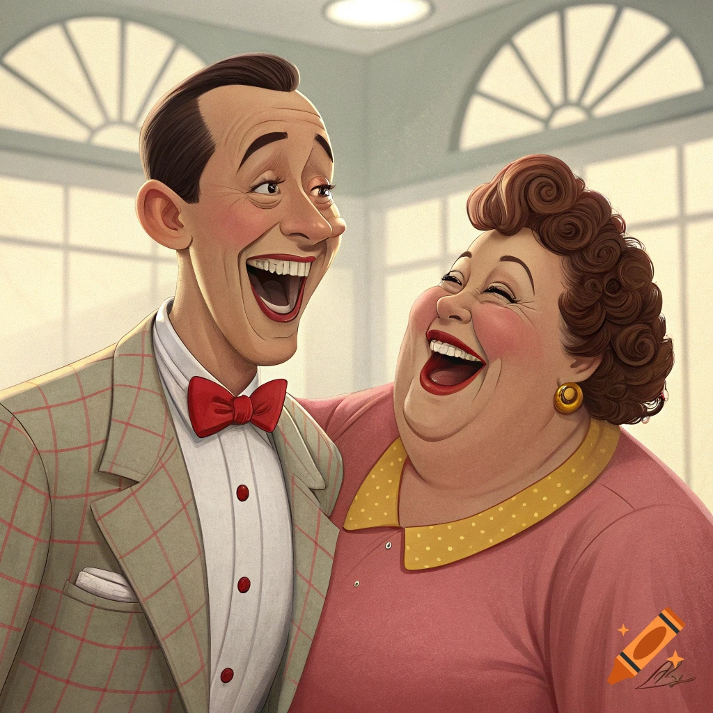 Caricature of Pee Wee Herman and Large Marge laughing heartily.