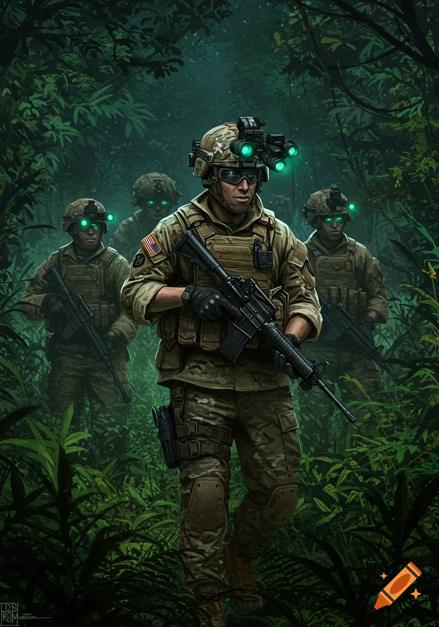 Illustration of US Army infantry soldiers with night vision goggles in a jungle.
