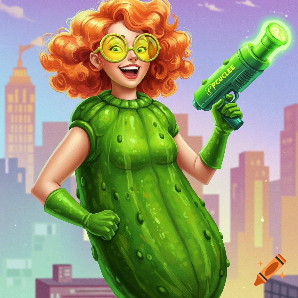 Cartoon woman in pickle costume holding a green ray gun against a city backdrop