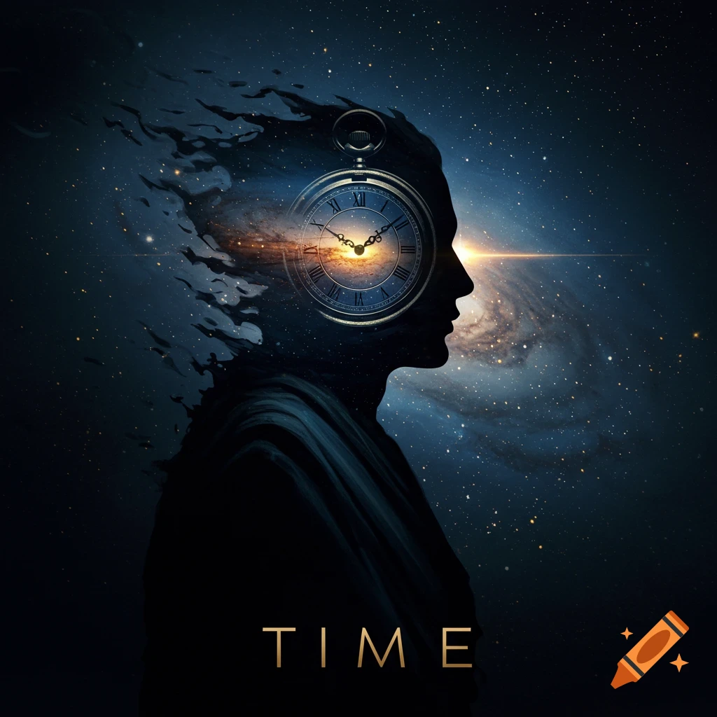 Silhouette profile against a starry sky with a pocket watch containing a galaxy inside the head. The word TIME is at the bottom.