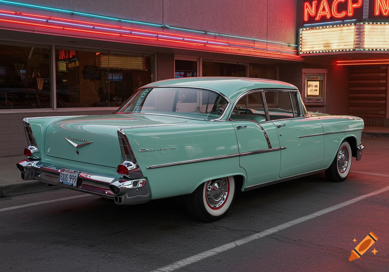 A vintage teal car is parked on a street in front of a building with neon lights at dusk.