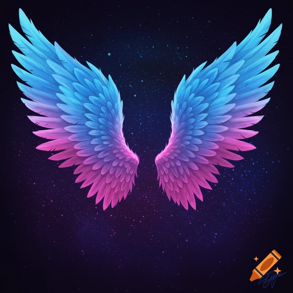 Blue and pink angel wings against a starry background.