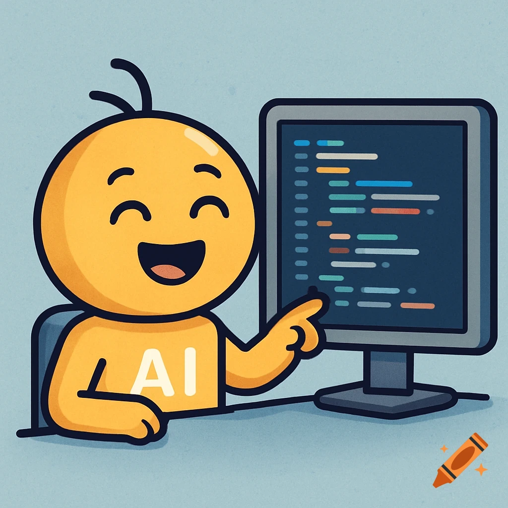 Cartoon illustration of a happy yellow emoji-like character pointing at computer screen with code.