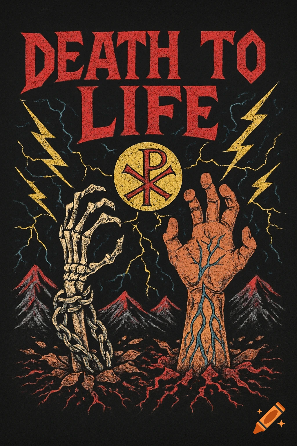 Skeletal hand in chains and veined hand reaching from ground under text 'DEATH TO LIFE', Chi Rho symbol, lightning, and mountains in a grunge illustration style.
