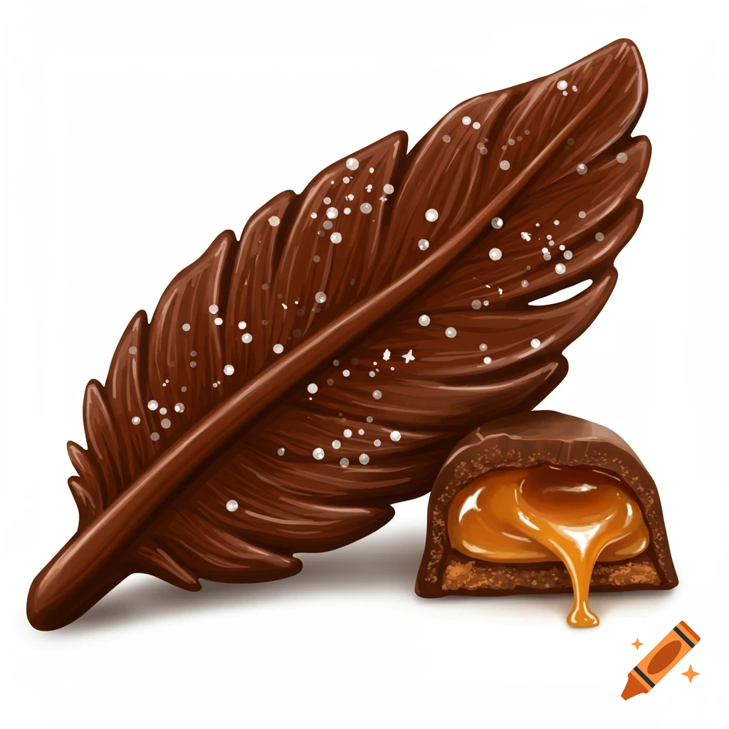 A dark chocolate feather lies next to a caramel-filled chocolate candy oozing caramel.