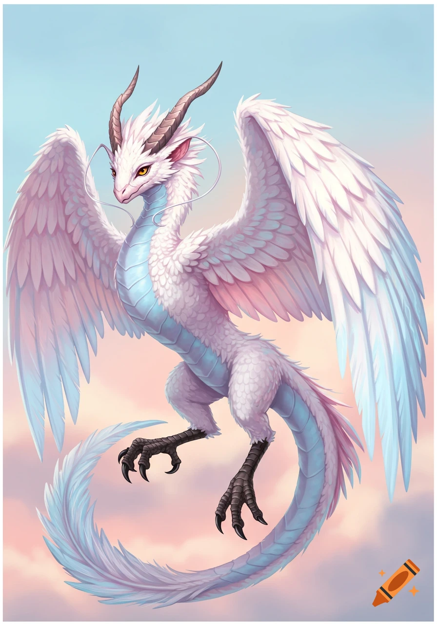 A white and blue feathered dragon with large wings flying against a soft pink and blue cloudy sky.