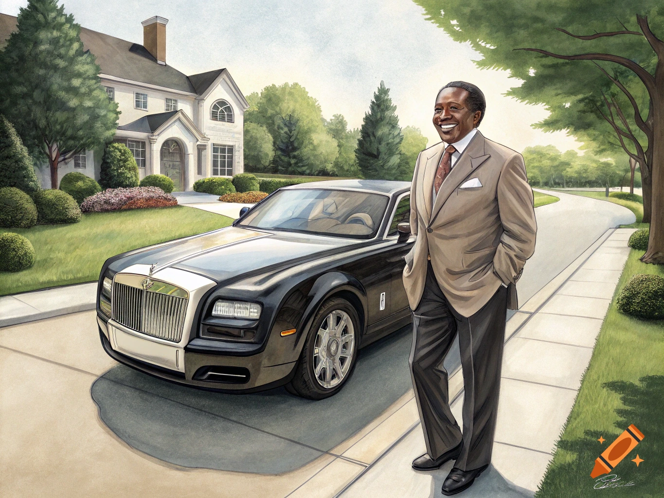 An illustration of a man in a suit standing next to a black luxury car ...