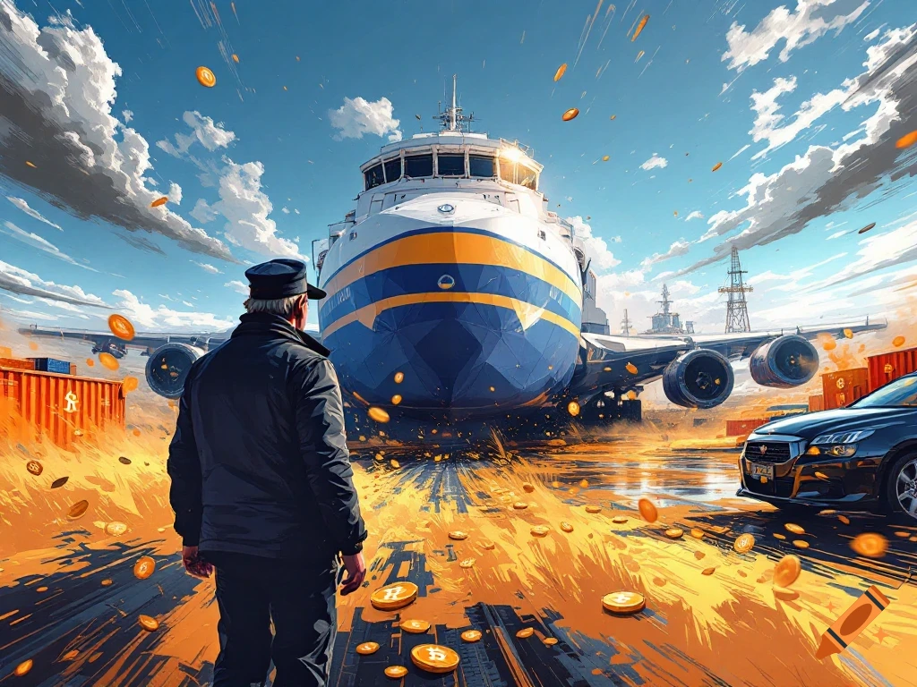 Man views large airplane/ship hybrid, car, containers, and scattered bitcoins at a port.