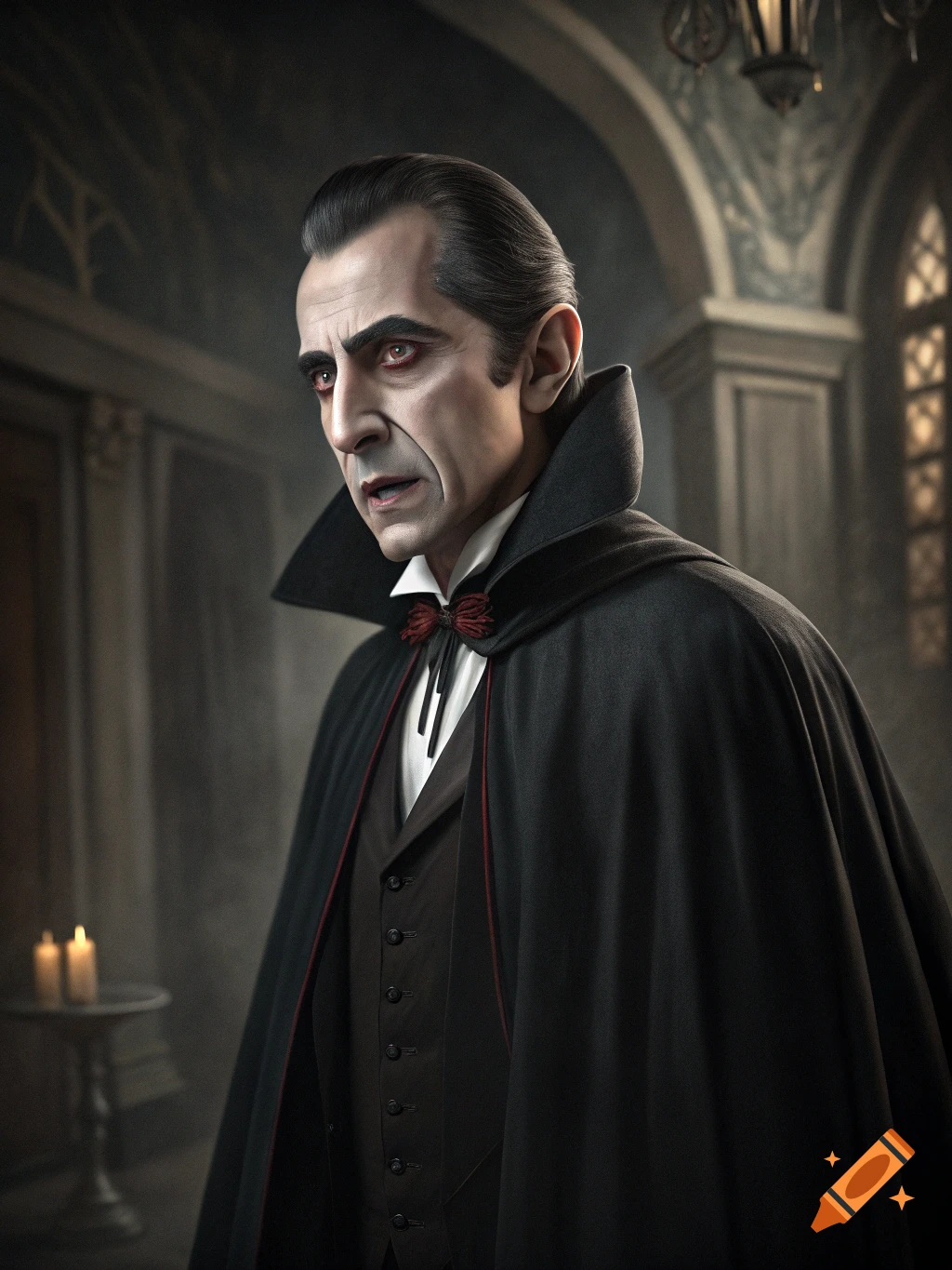 Photorealistic portrait of a man dressed as a vampire in a dimly lit room