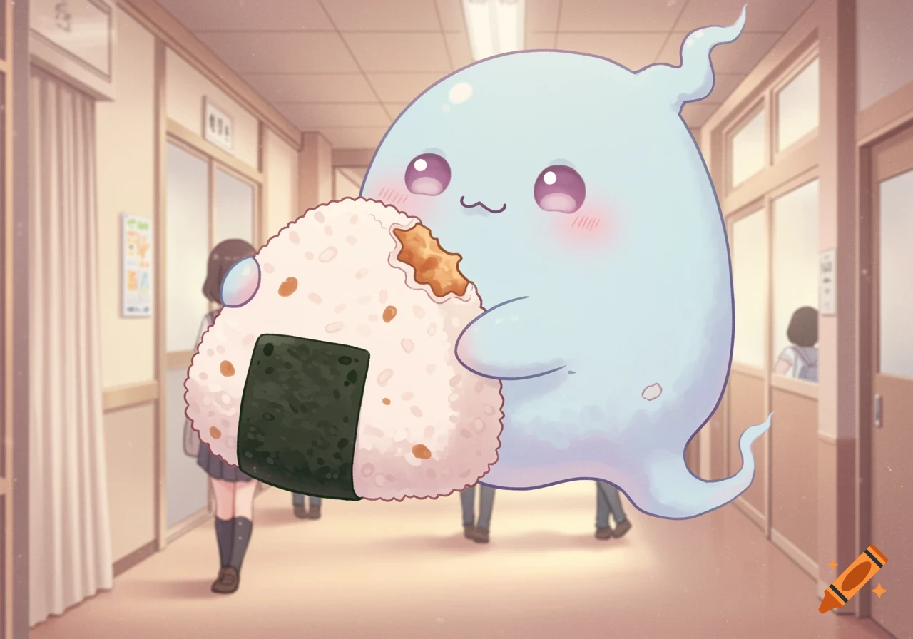 A cute blue ghost holds a large onigiri in a school hallway.