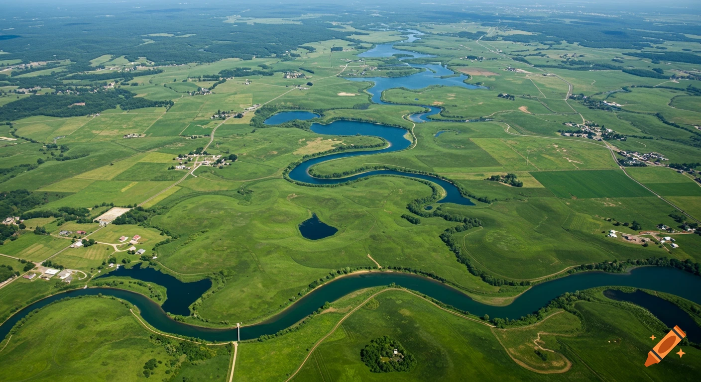Aerial view of a meandering river and lakes winding through green fields and scattered trees.