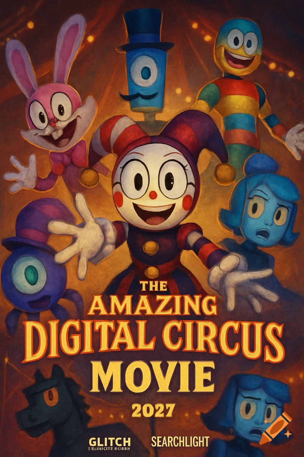 A movie poster featuring colorful cartoon characters, including a jester, bunny, and box figure, under the title 'The Amazing Digital Circus Movie 2027'.