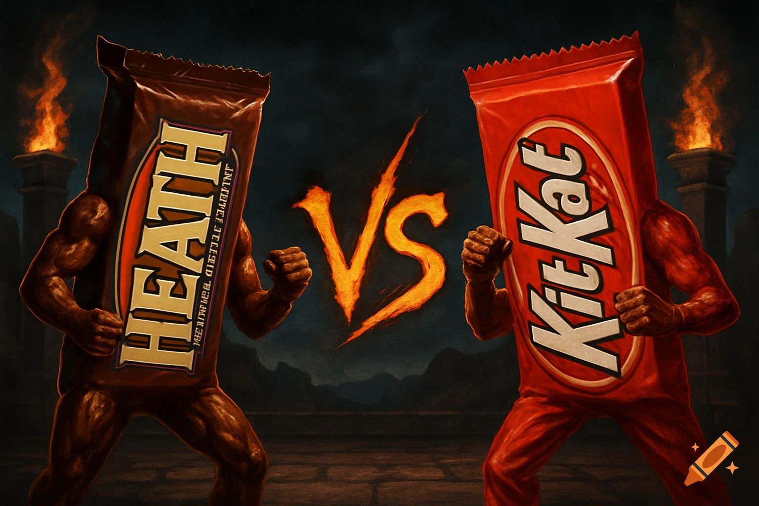 Two candy bars, Heath and Kit Kat, with arms and legs, face off under a large "VS" symbol in a dark, torchlit arena.
