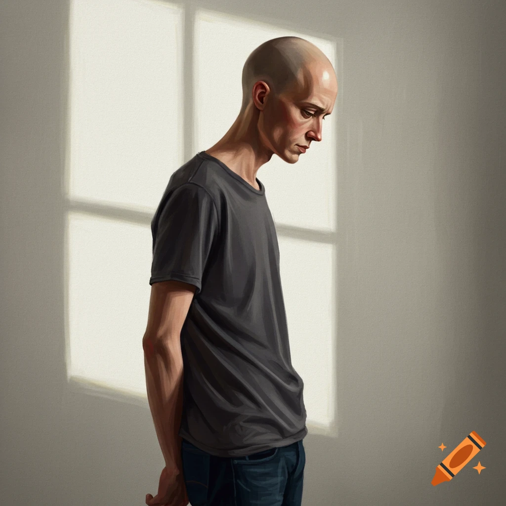 A bald man in a dark shirt stands looking down, hands behind his back, in front of a window casting a grid shadow.