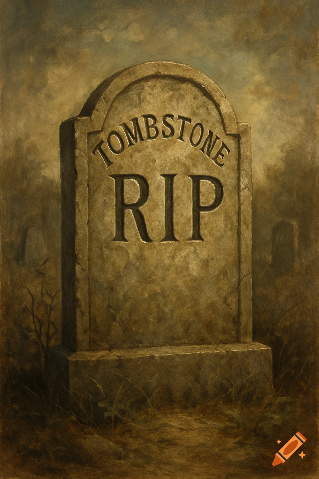 Tombstone in a graveyard with 'TOMBSTONE RIP' carved into it, painted style.