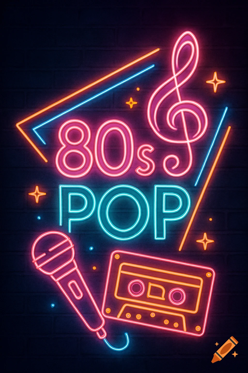 Neon sign with '80s POP' text, treble clef, microphone, and cassette tape on a brick wall.