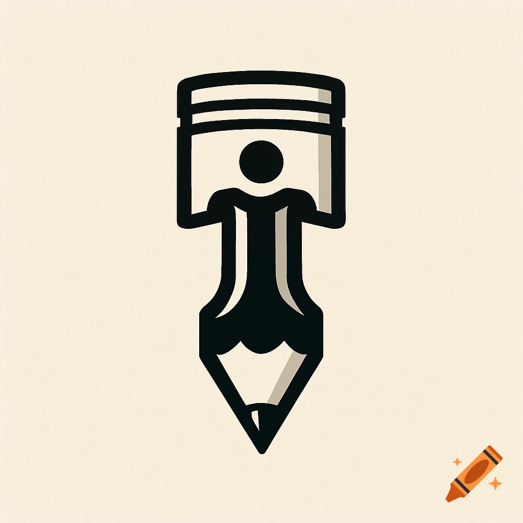 Black and white logo combining a piston and a pencil.