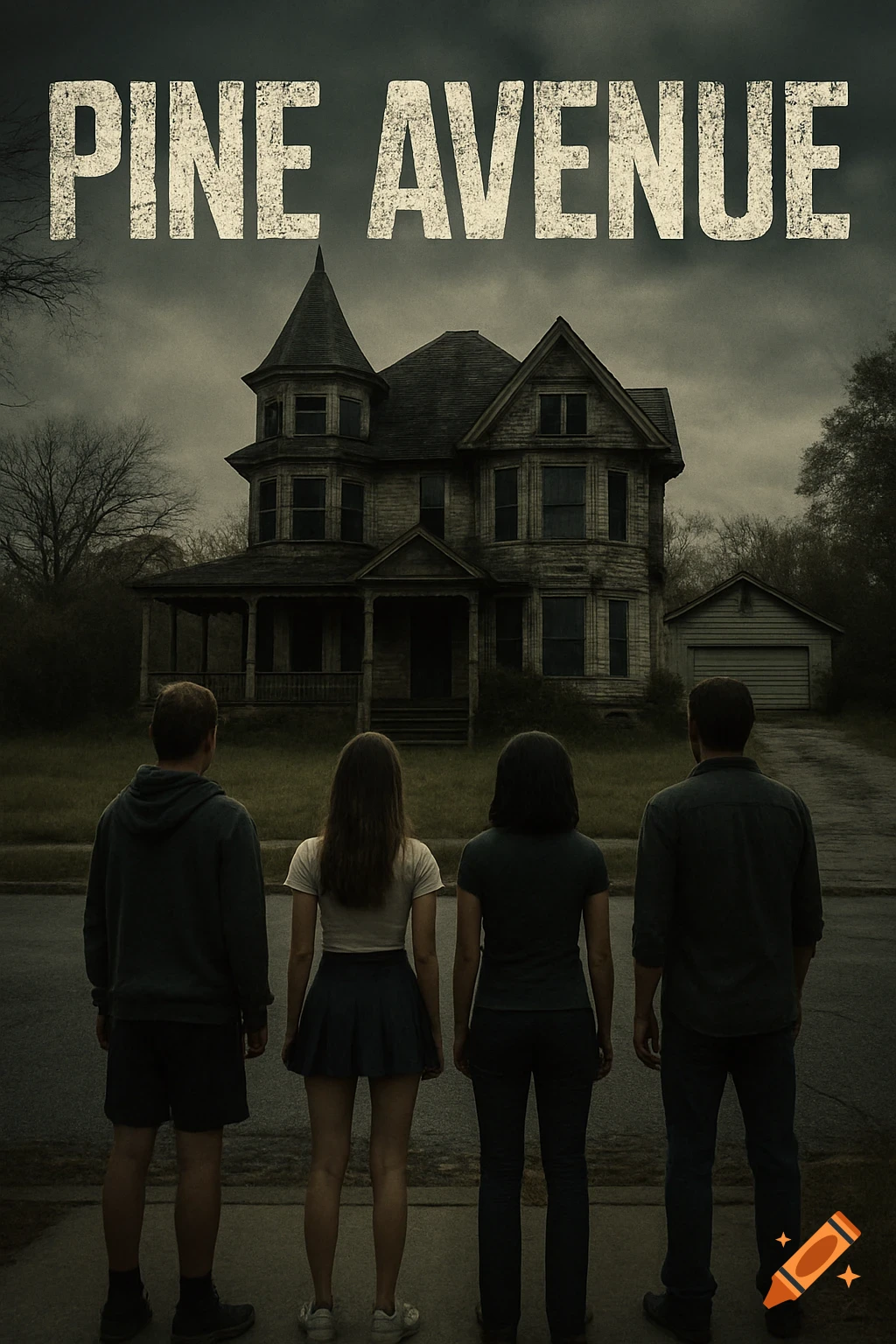 Four people look at a spooky Victorian house under the title PINE AVENUE in this movie poster style image.