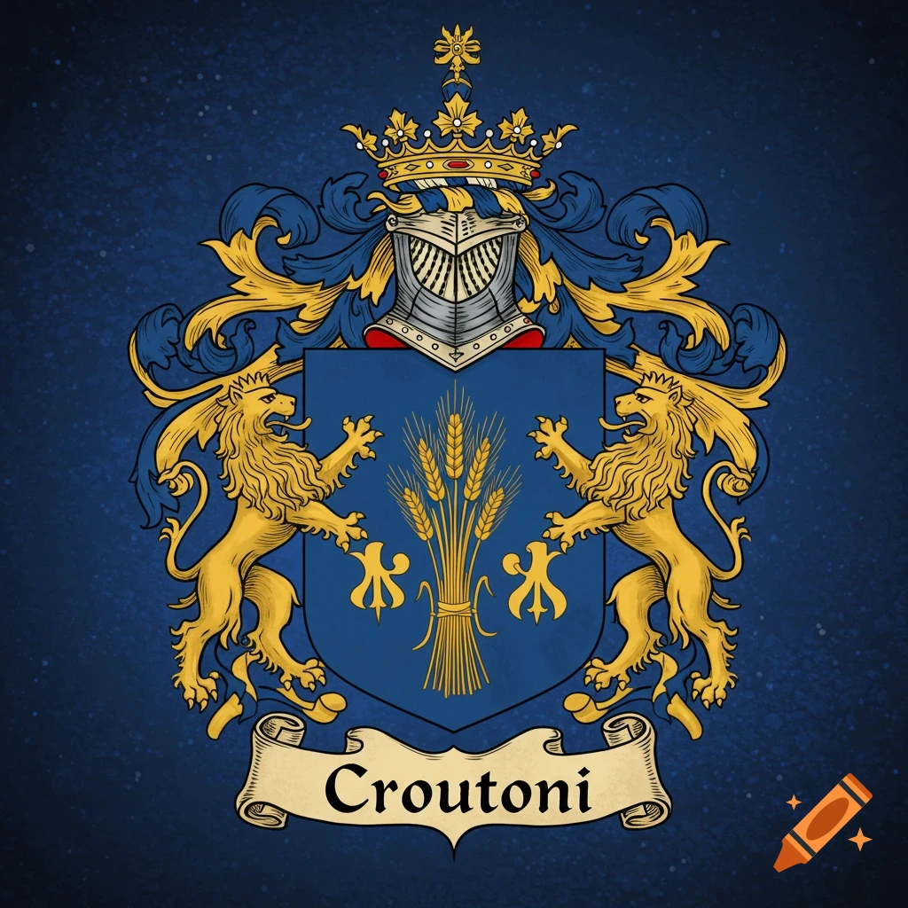 Coat of arms with lions, wheat, helmet, crown, and 'Croutoni' on a banner, on a blue background.