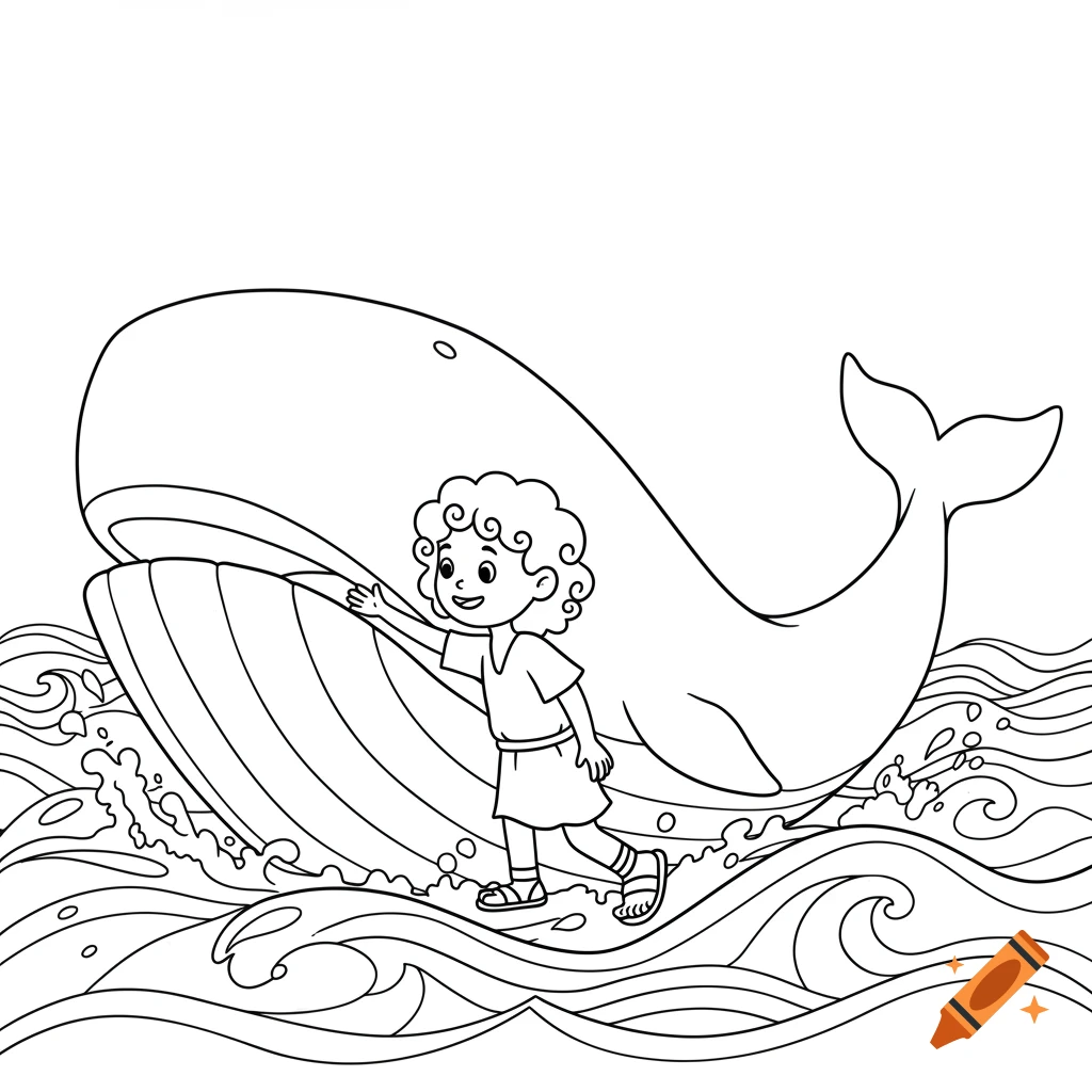 Line art of a child reaching towards a whale in the ocean, for a coloring book.