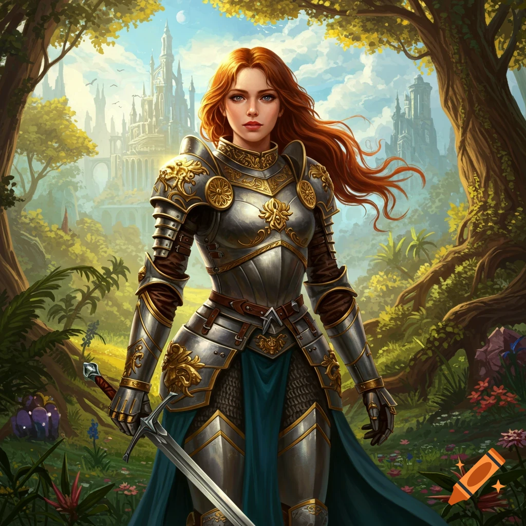 A woman in full armor stands with a sword in a fantasy landscape with a castle.